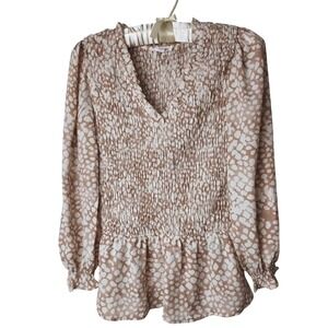 Blu Pepper Tan White Abstract Animal Print Smocked Peplum Blouse XS Nordstrom